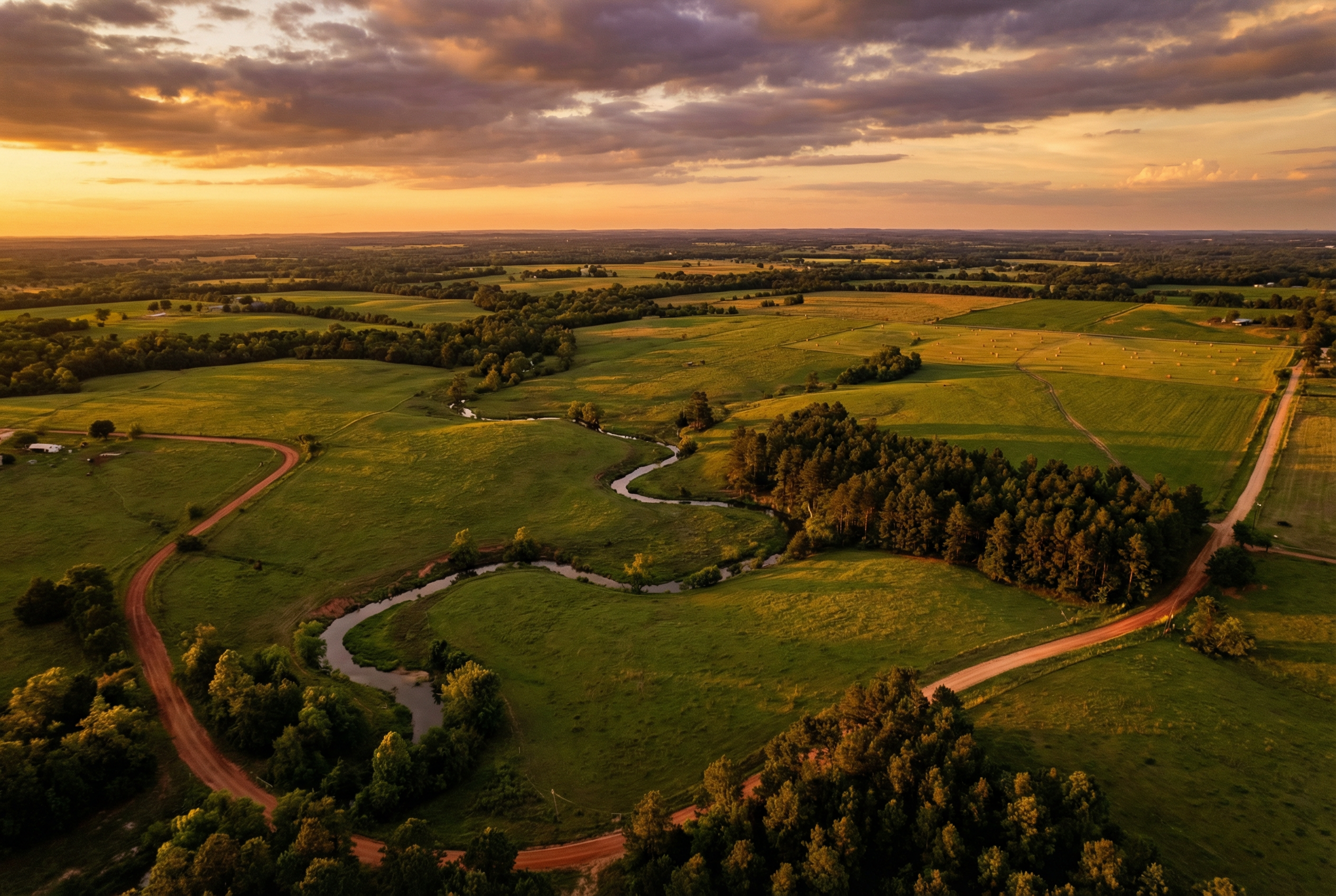 Cinematic aerial drone photograph over East Texas farmland at golden hour