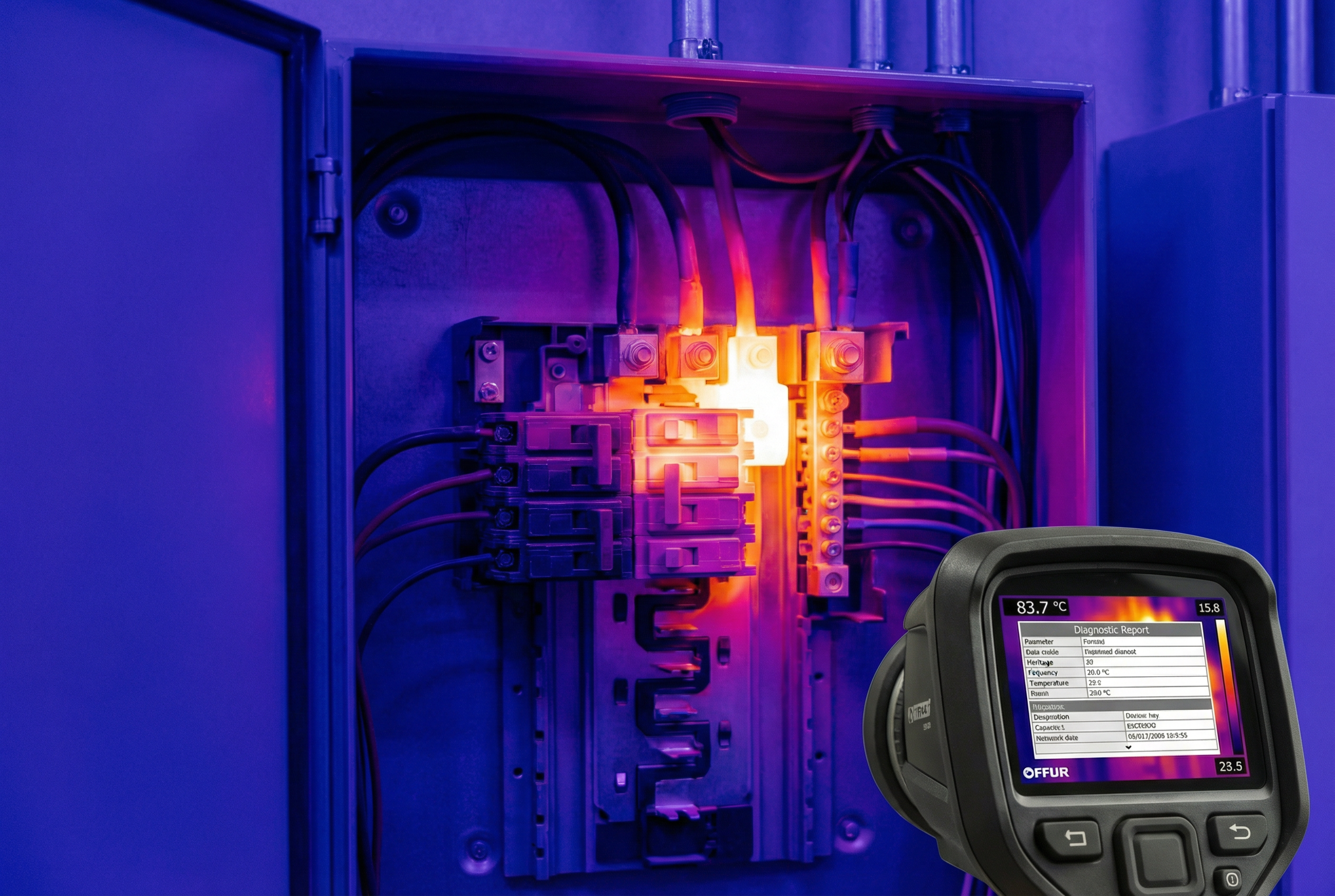 Thermal imaging of electrical panel showing overheating components