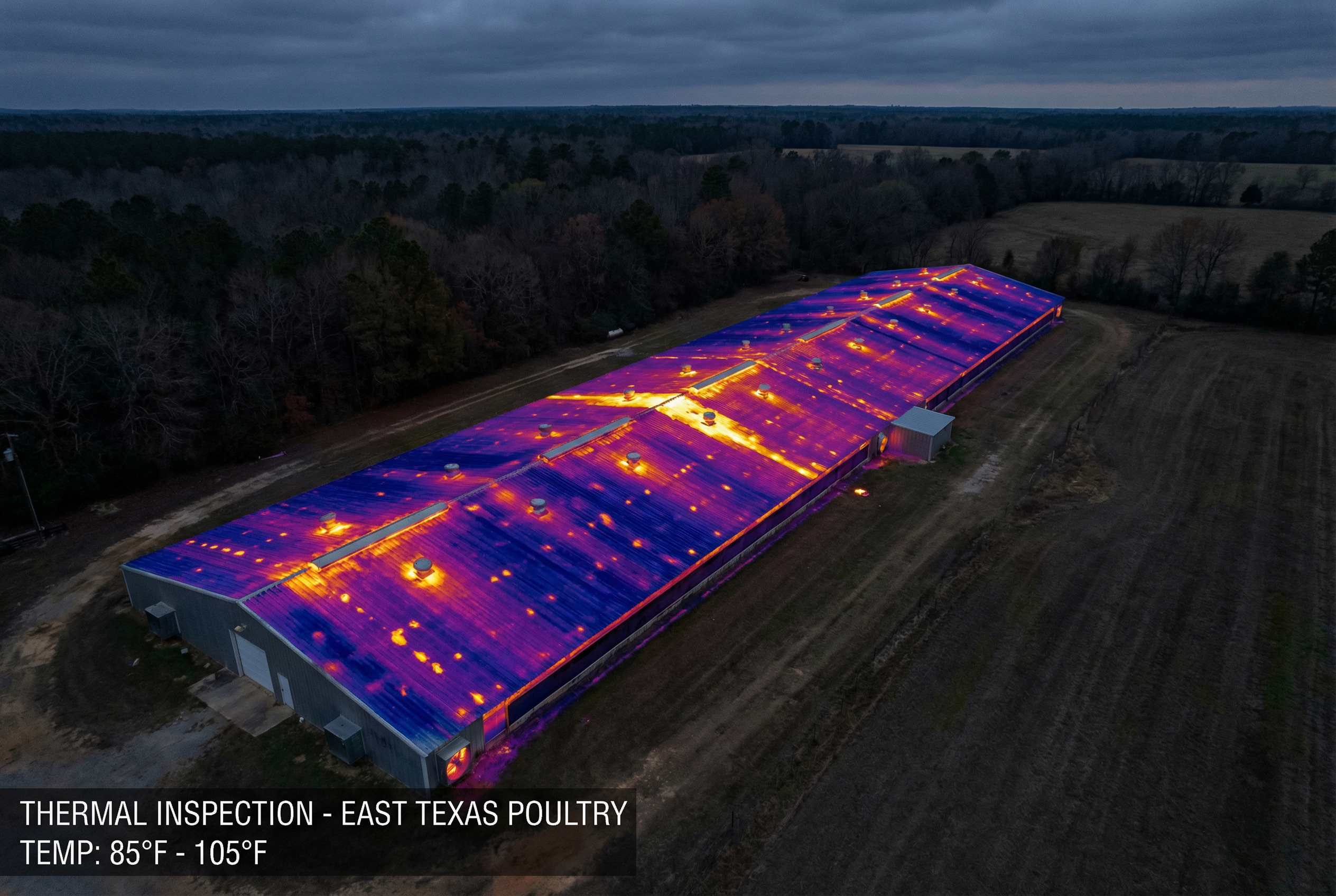 Aerial thermal drone inspection of a poultry house showing heat signatures