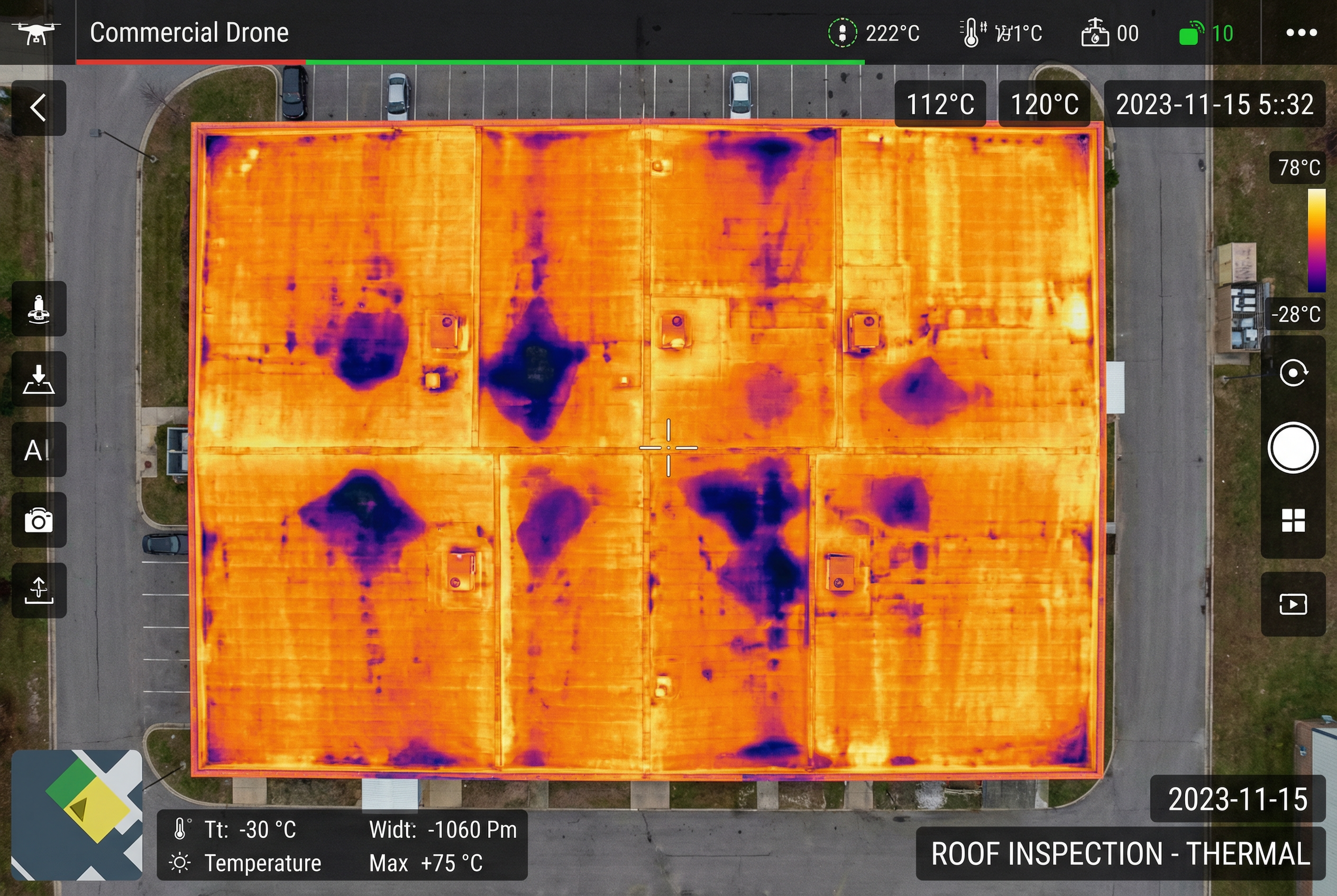Thermal drone roof moisture detection showing water intrusion